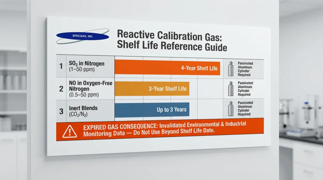 Calibration gas reactive component shelf life and cylinder requirements comparison chart