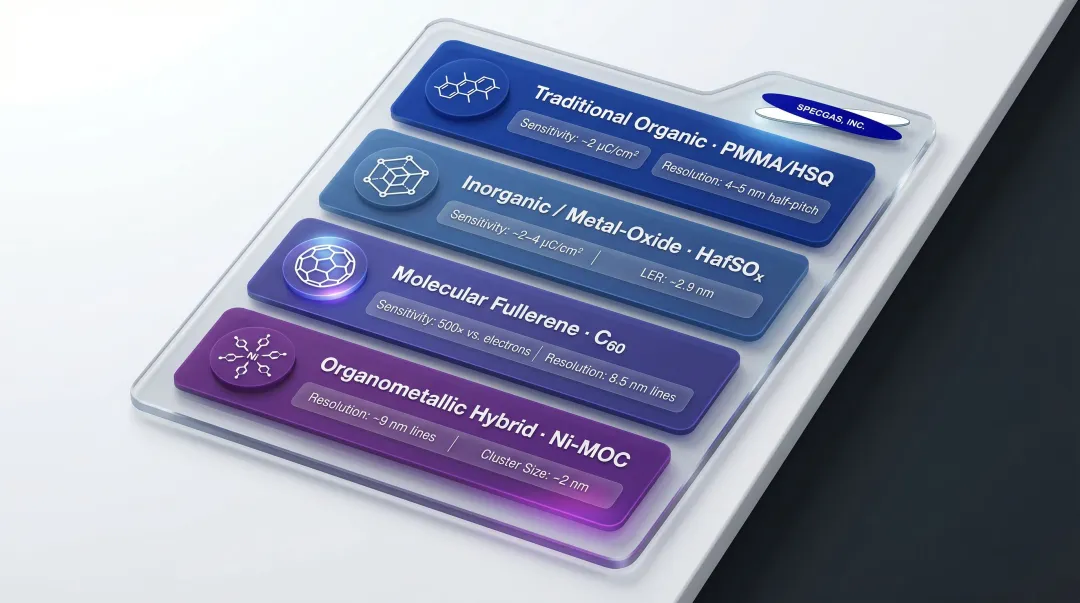 HIBL resist materials comparison showing sensitivity resolution and LER performance across four types