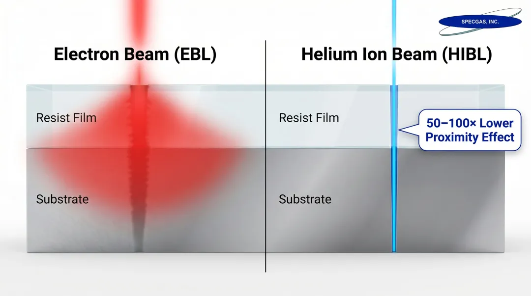 Helium ion versus electron beam lateral scattering proximity effect comparison diagram