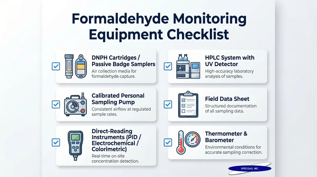 Formaldehyde workplace air monitoring equipment checklist infographic with six tools