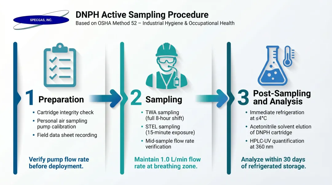 OSHA Method 52 DNPH active sampling three-step process flow diagram