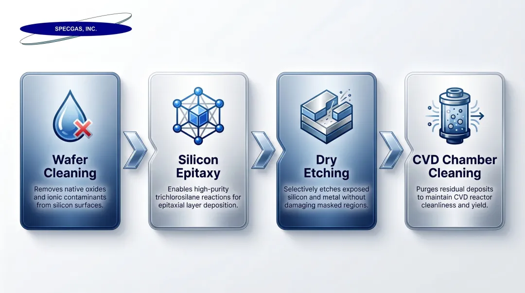Four key UHP anhydrous HCl semiconductor manufacturing applications process flow diagram