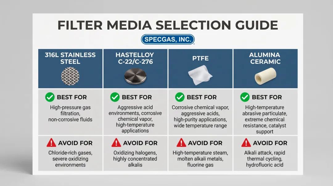 Semiconductor filter media material compatibility comparison chart for corrosive process gases