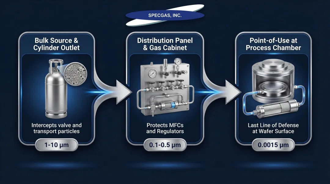 3-stage semiconductor process gas filtration sequence from bulk source to point-of-use chamber