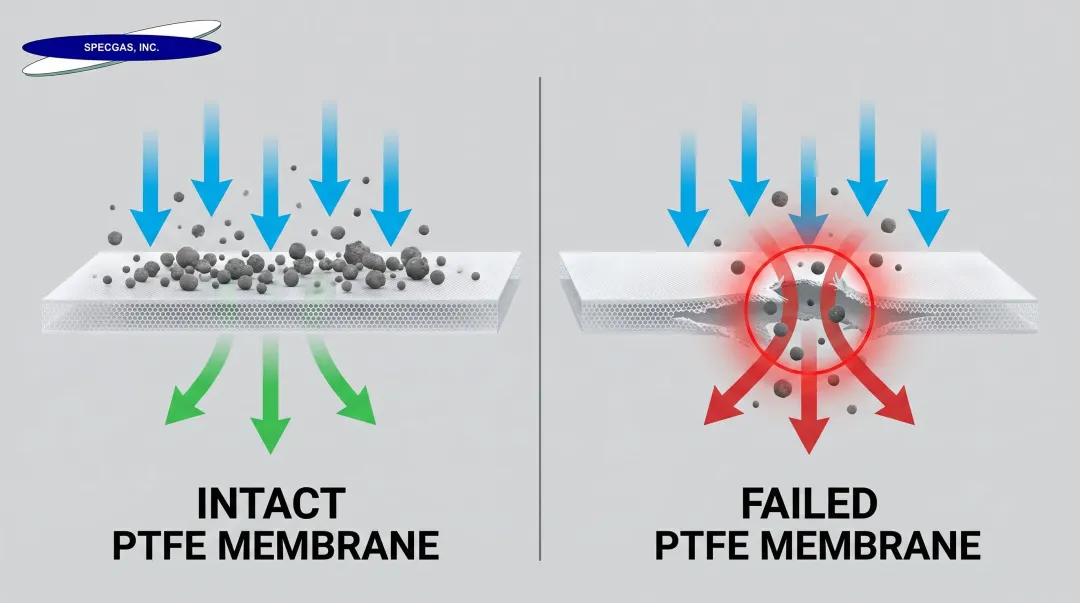 Cross-section diagram of torn PTFE membrane filter element showing particle bypass failure mode