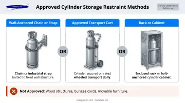 Compressed gas cylinder storage restraint methods wall rack chain strap cabinet approved options