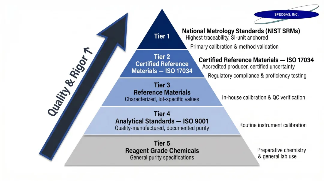 Five-level reference material quality hierarchy pyramid from reagent grade to national standards