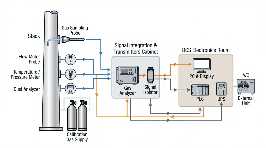 Industrial emissions monitoring CEMS stack with gas analyzer instrumentation at facility