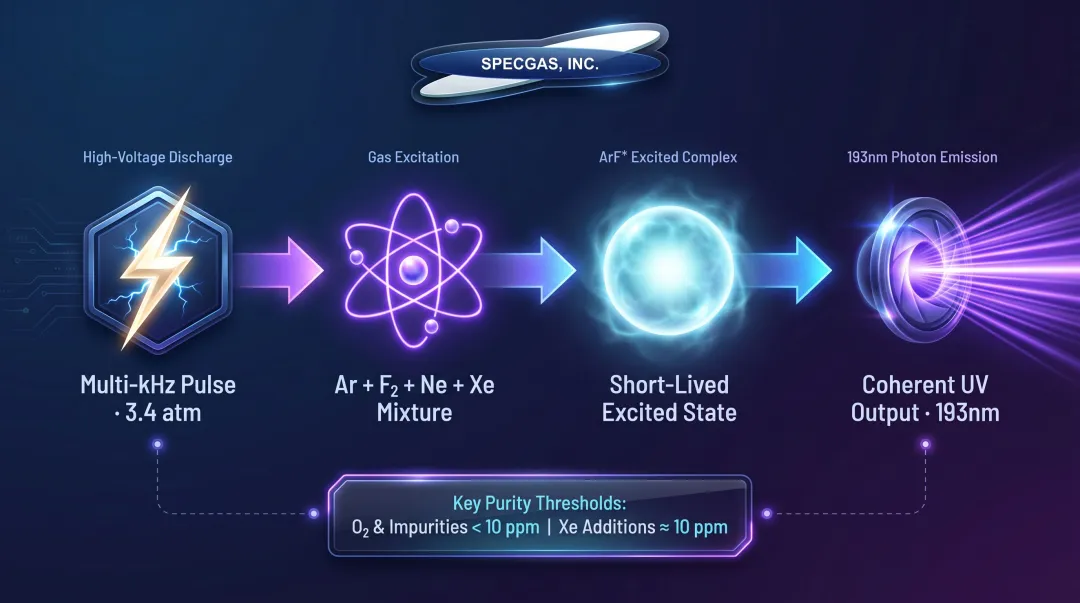 ArF excimer laser gas excitation process flow showing discharge to 193nm photon emission