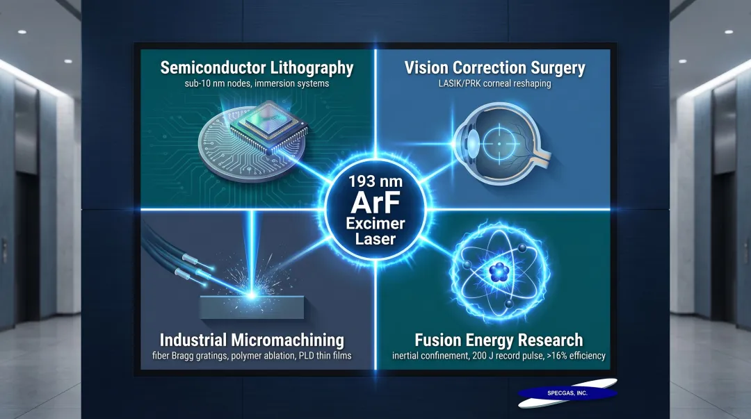 Four major ArF excimer laser application domains across industries comparison infographic