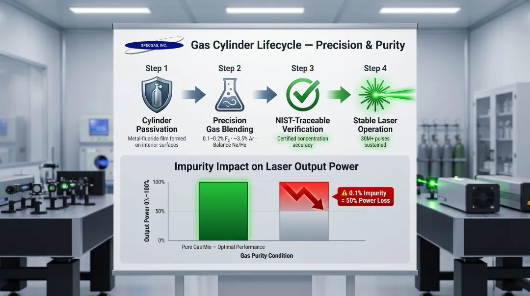 ArF laser gas lifecycle passivation process and impurity impact on laser output infographic