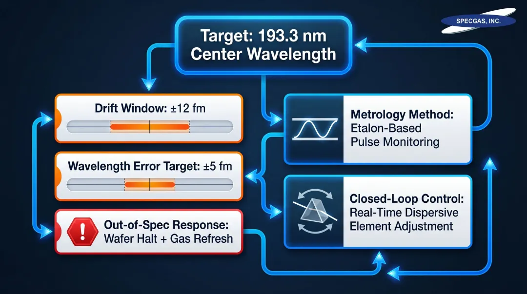 ArF lithography scanner wavelength drift control thresholds and feedback mechanisms infographic