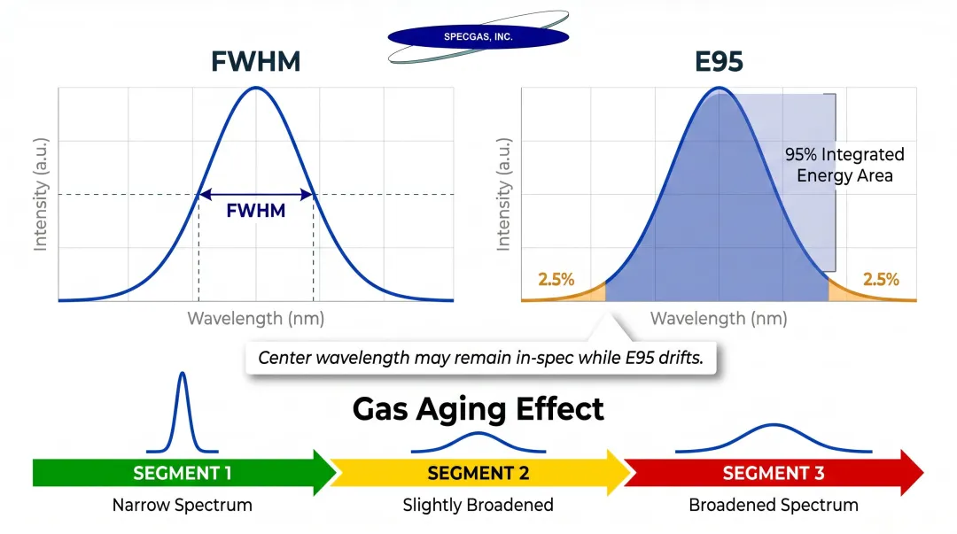 FWHM versus E95 bandwidth metrics and gas aging effect on ArF spectral monitoring