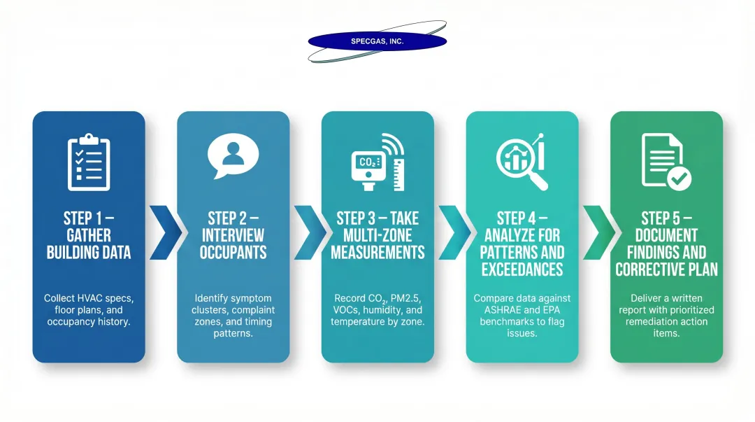 Five-step basic IAQ investigation protocol process flow from data gathering to documentation