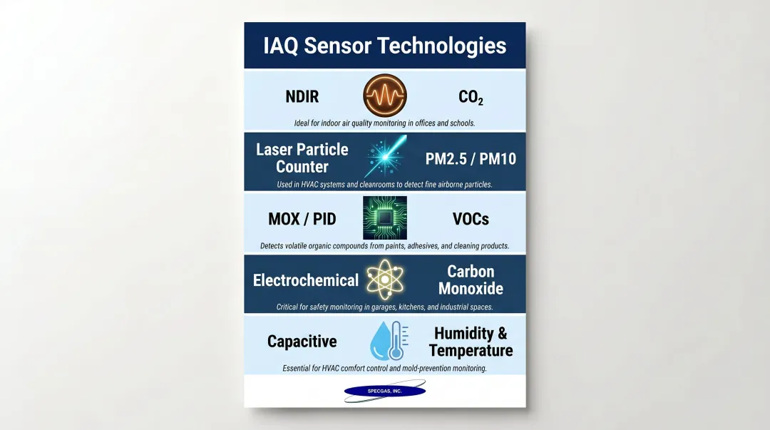Five IAQ sensor technology types pollutants detected and commercial applications overview