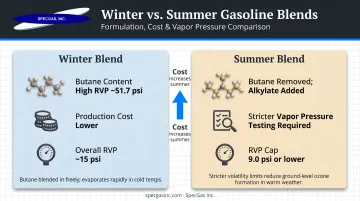 Winter versus summer gasoline blend composition and cost comparison infographic