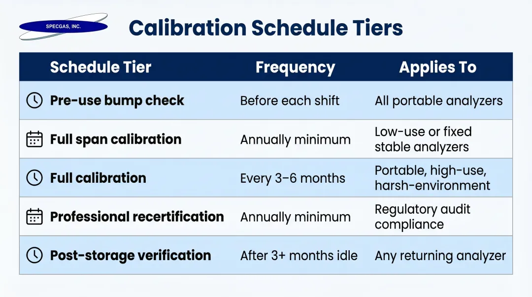Flue gas analyzer calibration schedule tiers by frequency application and environment type