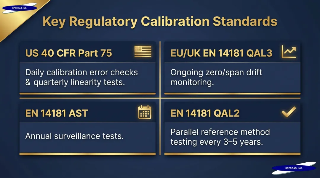 Flue gas analyzer regulatory calibration standards comparison across US and EU frameworks