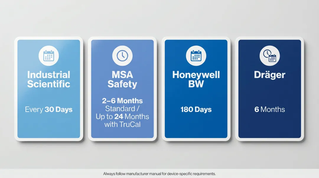 Gas detector manufacturer calibration interval comparison chart Industrial Scientific MSA Honeywell Dräger