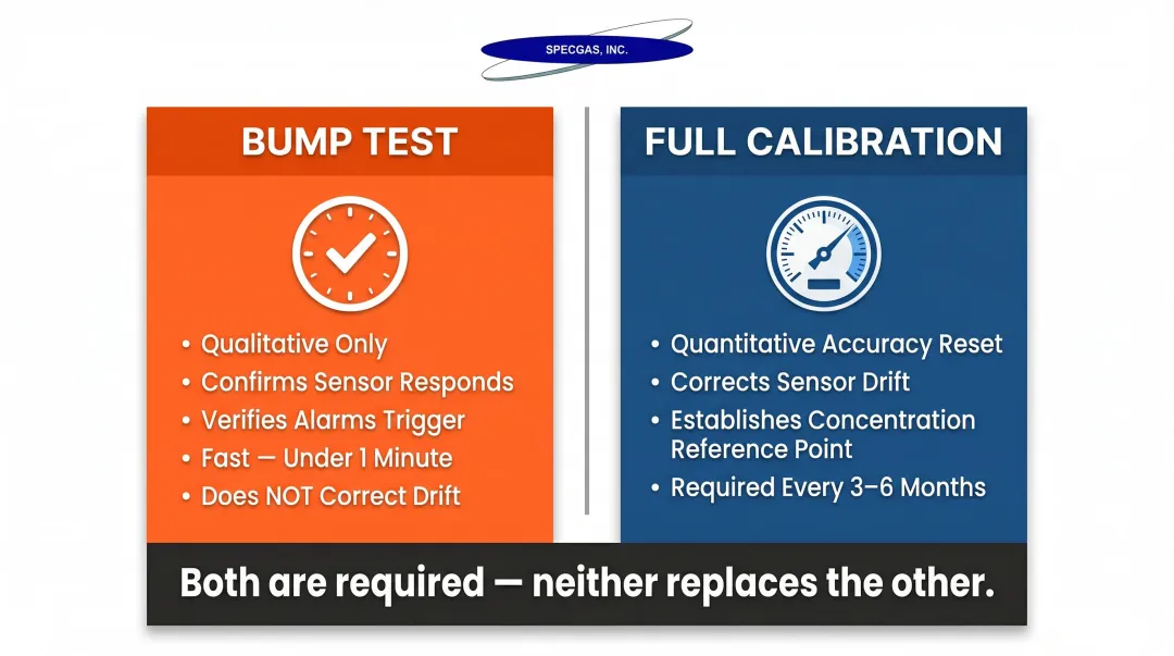 Bump test versus full calibration key differences side-by-side comparison infographic