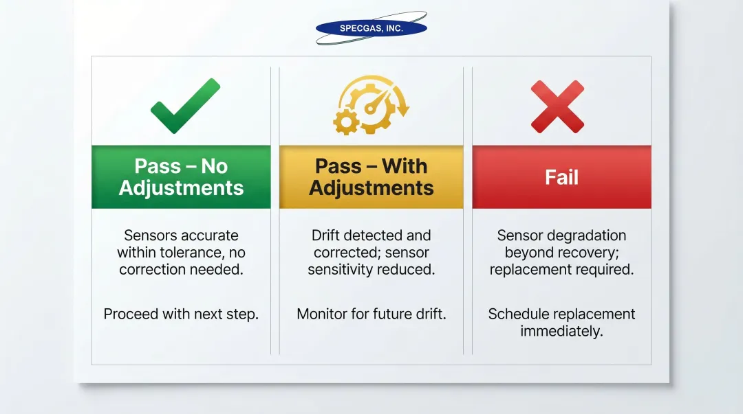 Gas detector span calibration three possible outcomes pass adjust fail comparison