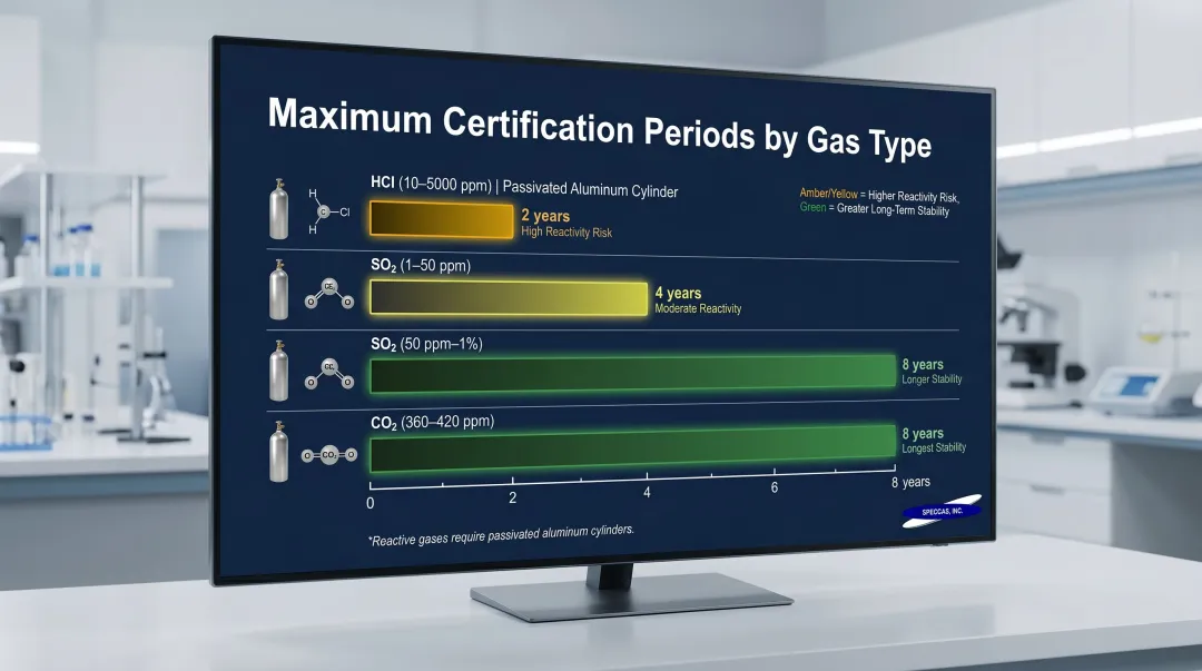 CEMS calibration gas certification lifespan table by gas type and cylinder material