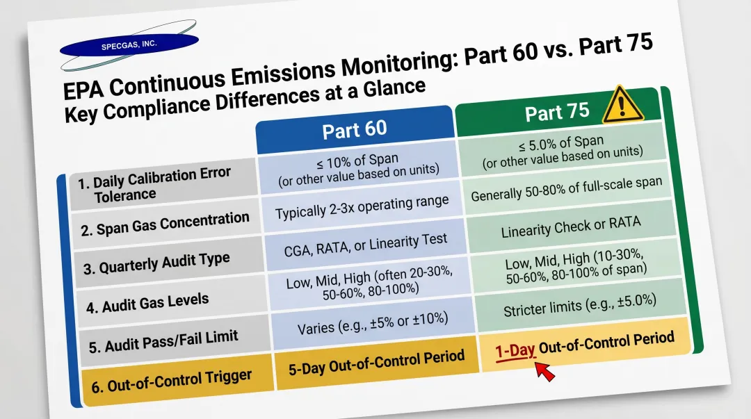Part 60 versus Part 75 CEMS calibration error tolerance and out-of-control trigger comparison