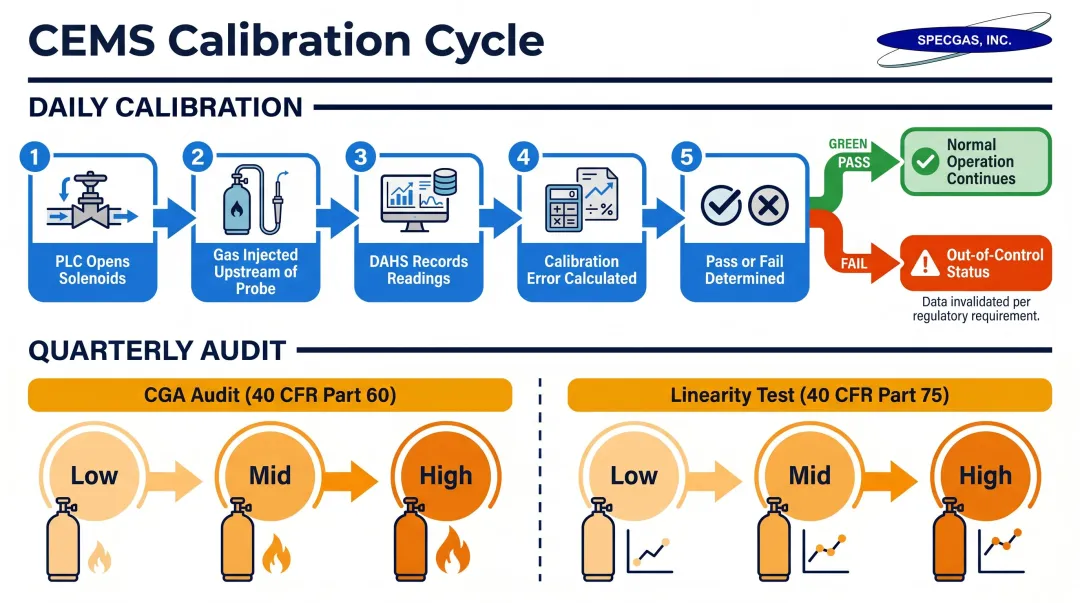 CEMS daily and quarterly calibration schedule process flow with pass fail outcomes