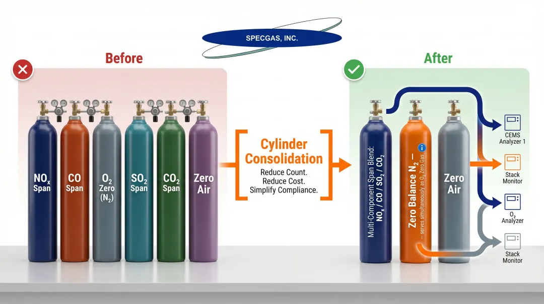 Blended multi-component CEMS calibration gas cylinder consolidation example infographic
