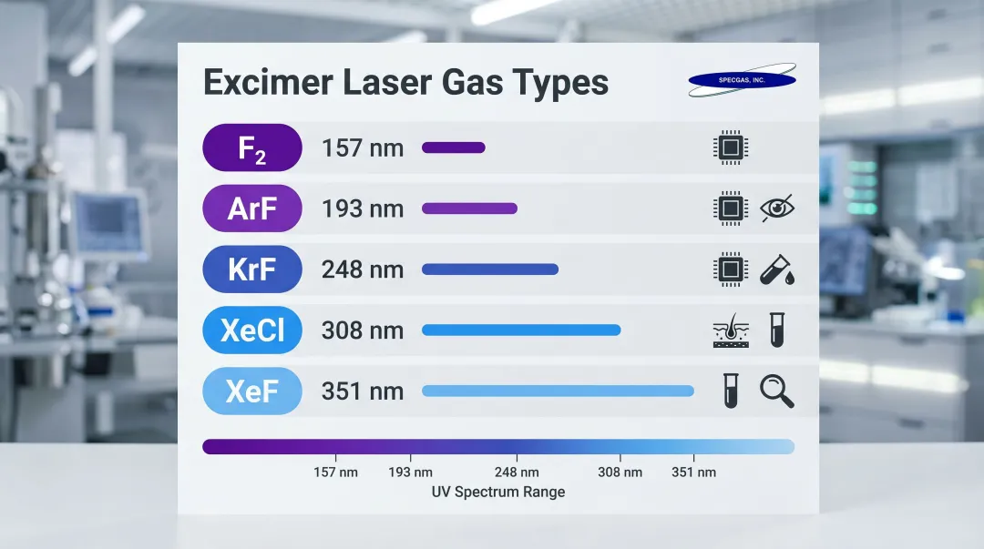 Five excimer laser gas types wavelength and application comparison chart
