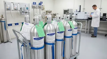 SpecGas specialty calibration gas cylinders with NIST-traceable certification labels