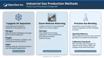 Three industrial gas production methods comparison process flow infographic