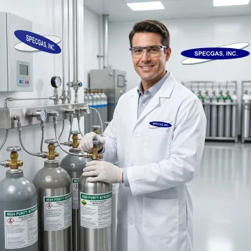 Technician preparing specialty laser gas cylinders