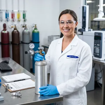 Technician preparing specialty gas cylinders for laboratory calibration