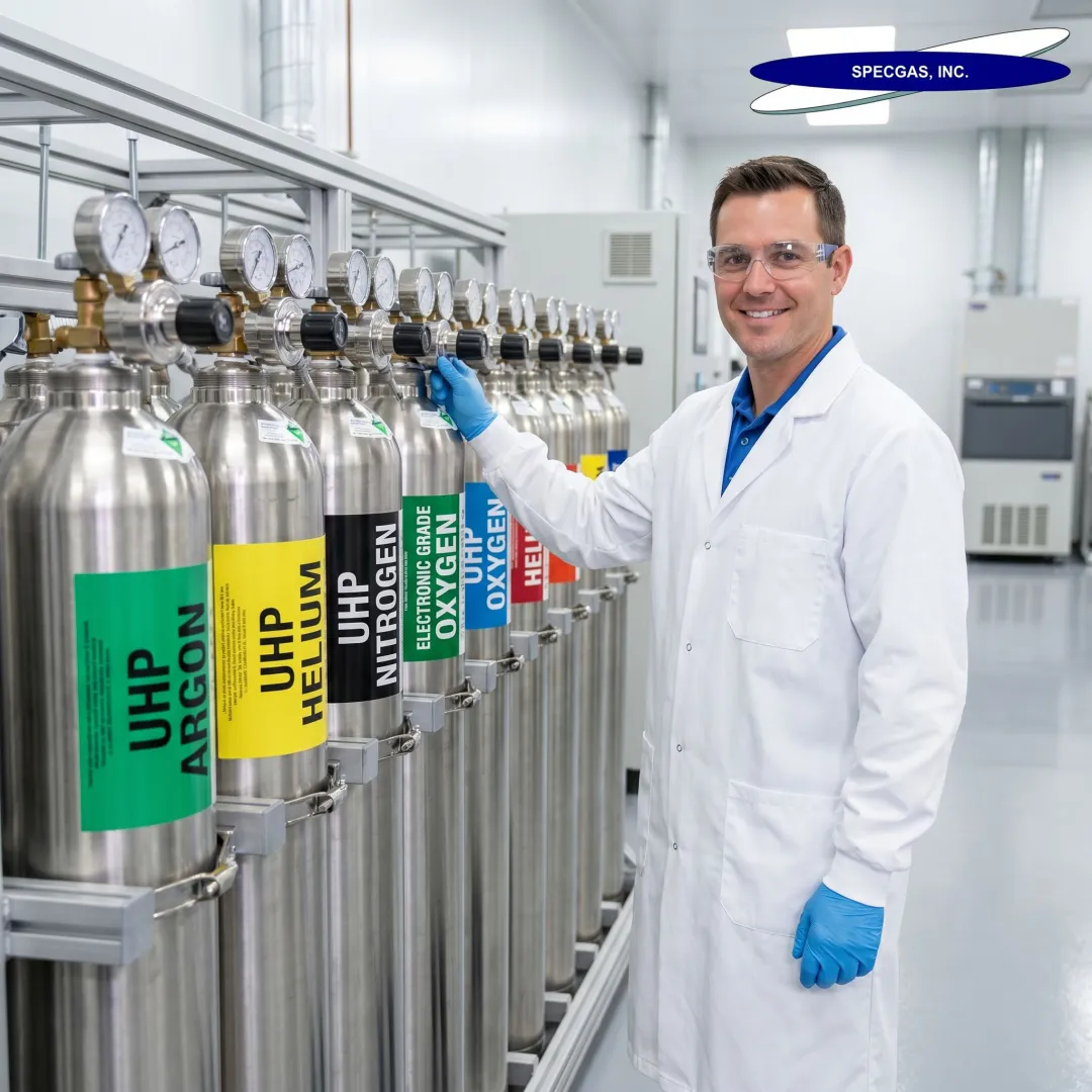 Technician handling specialty gas cylinders