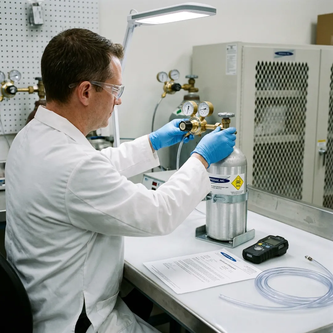 Technician preparing H2S calibration gas for detector testing