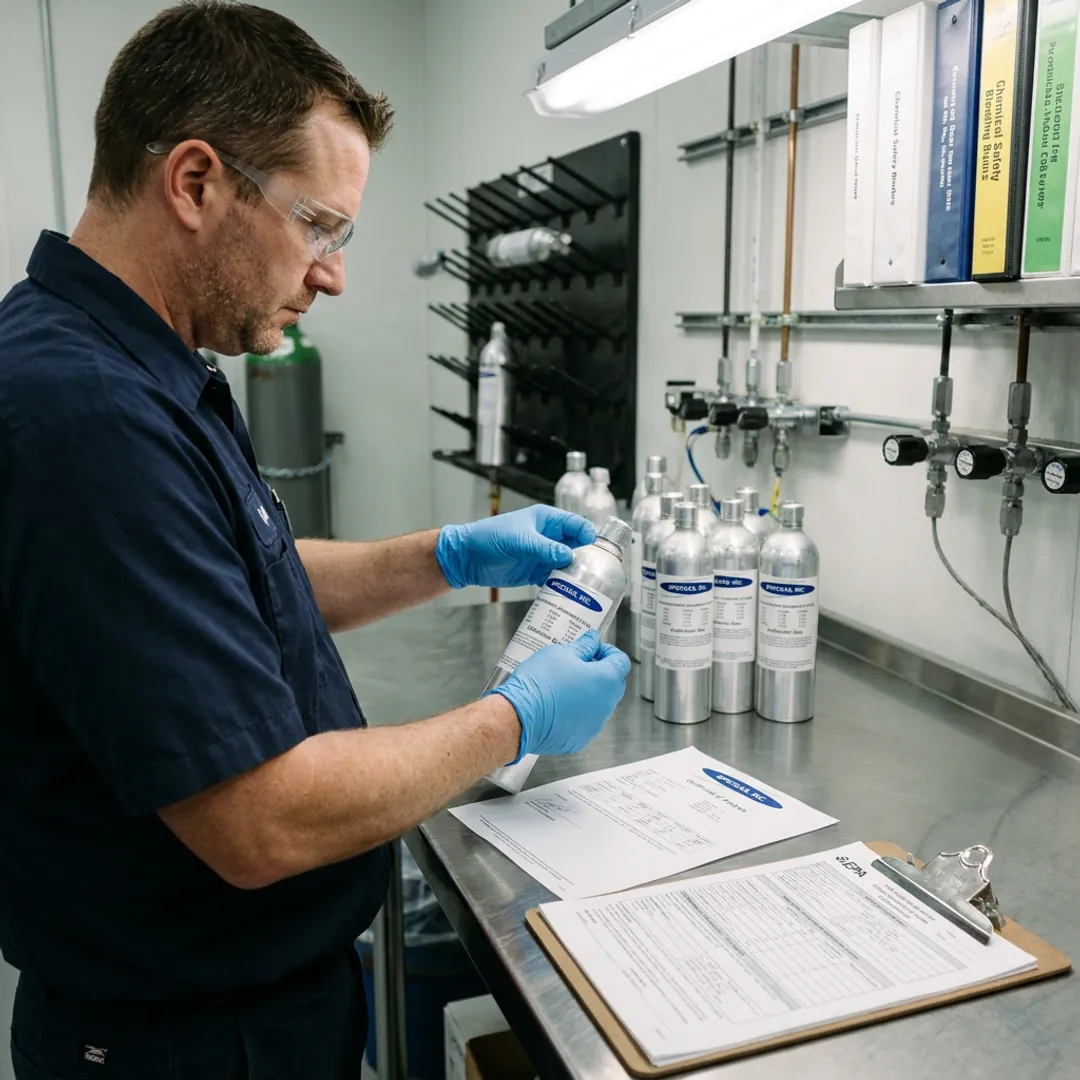 Technician preparing certified calibration gas cylinders