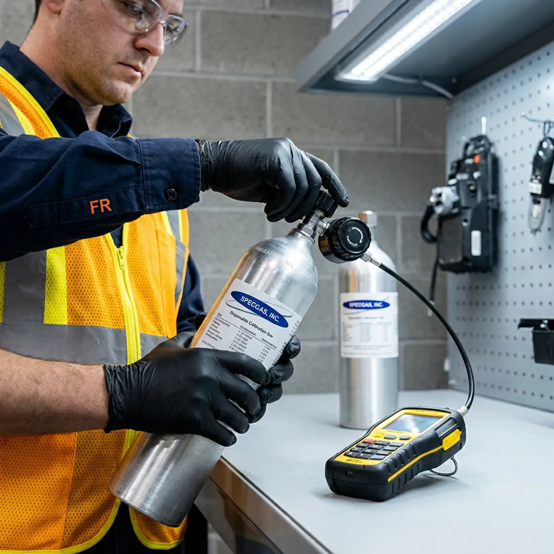 Technician bump testing a confined space gas monitor