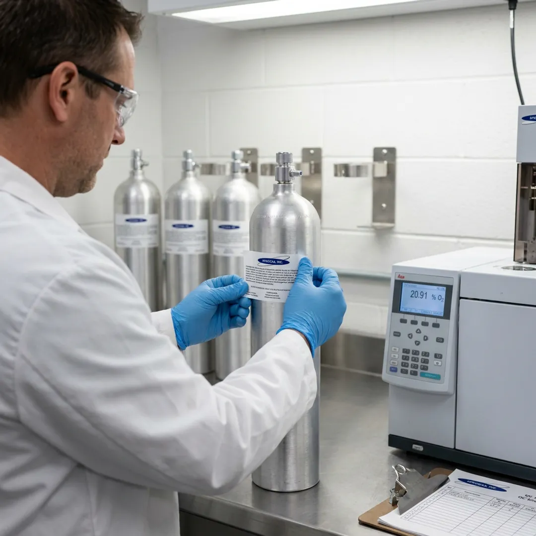 Technician preparing certified reference gas cylinders