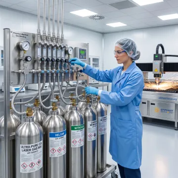 Technician preparing specialty gas cylinders for laser applications