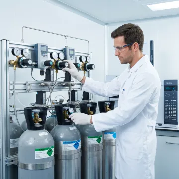 Technician preparing specialty laser gas blend
