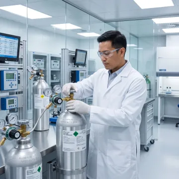 Technician preparing specialty calibration gas cylinders