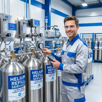 Technician preparing helium cylinder refill service