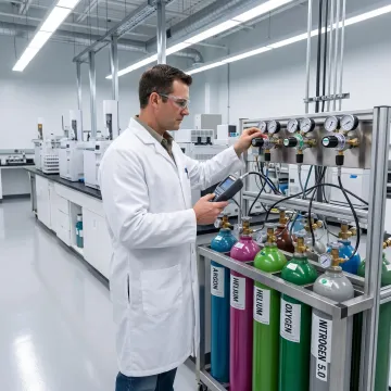 Technician reviewing specialty gas cylinders