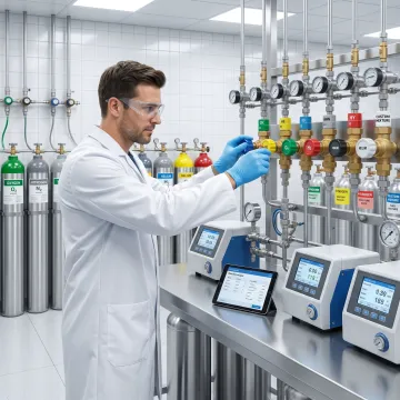 Technician preparing custom specialty gas blend