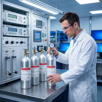 Technician reviewing specialty gas cylinders