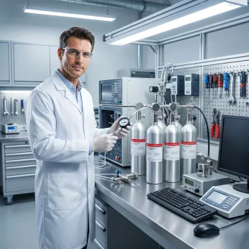 Technician reviewing calibration gas standards for process equipment