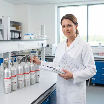 Technician reviewing specialty gas certification documents