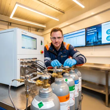 Technician reviewing calibration gas setup for CEMS