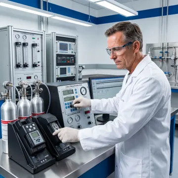 Technician preparing gases for stack emission testing